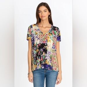 Johnny Was Sky Flower Patchwork Swing Tee, L, boho, Luxury, Cottagecore, Floral